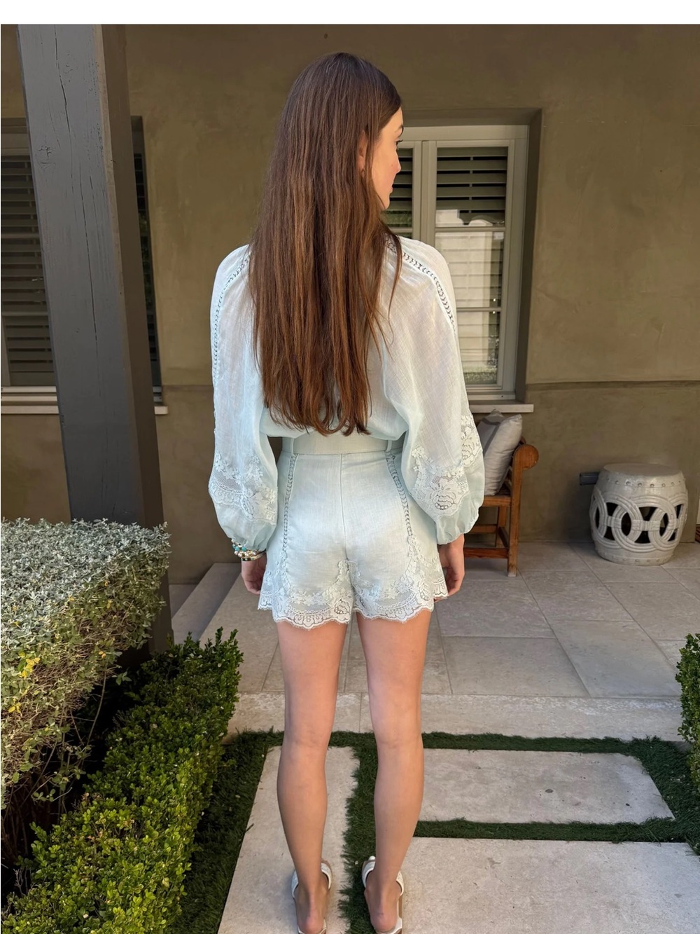 Light Blue Lace-Trim Women's Shorts Romper - Picture 4 of 4